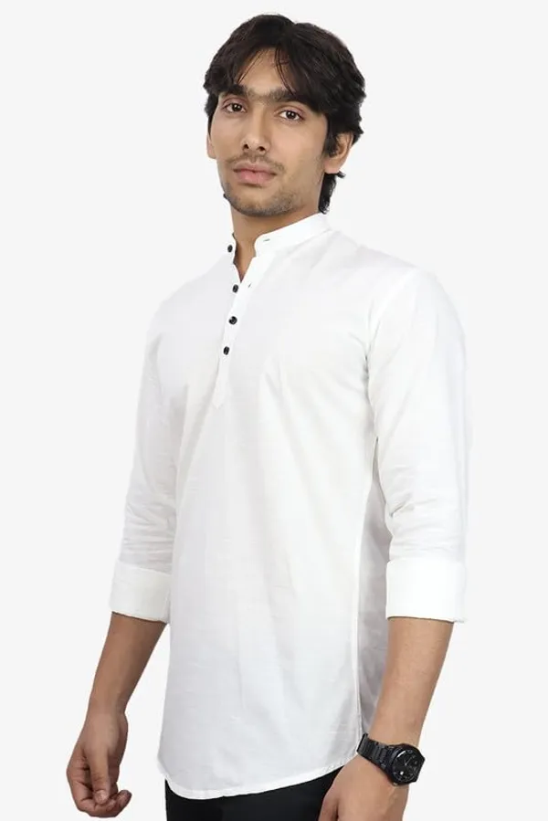 White_Cotton_Blend_Slim_Fit_Short_Kurta_Solid_Linen_Kurta_Mandarin_Collar_Full_Sleeve_For_Men