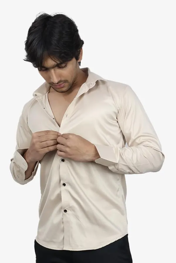Cream_Satin_Slim_Fit_Casual_Shirt_Solid_Silk_Full_Sleeve_For_Men