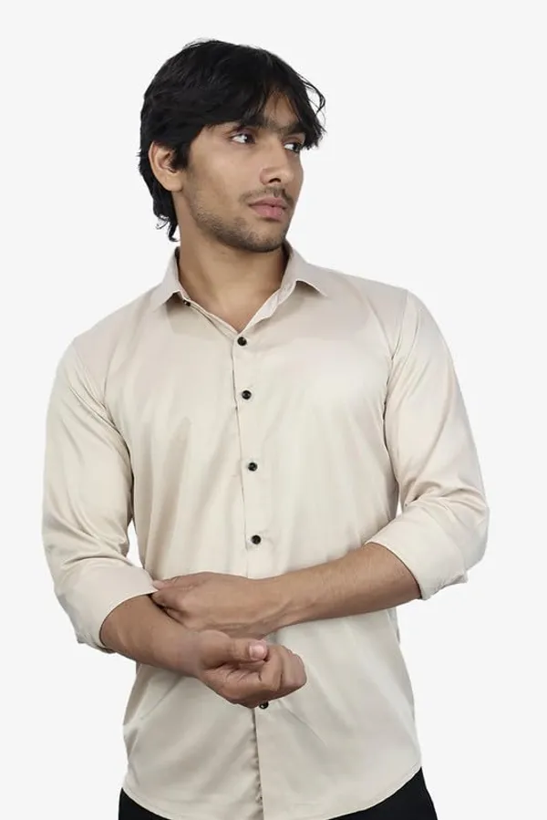 Cream_Satin_Slim_Fit_Casual_Shirt_Solid_Silk_Full_Sleeve_For_Men