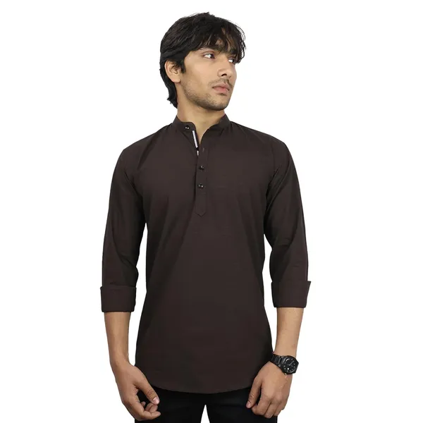Coffee_Brown_Cotton_Blend_Slim_Fit_Short_Kurta_Solid_Linen_Kurta_Mandarin_Collar_Full_Sleeve_For_Men
