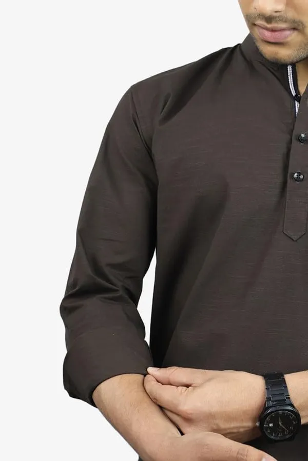 Coffee_Brown_Cotton_Blend_Slim_Fit_Short_Kurta_Solid_Linen_Kurta_Mandarin_Collar_Full_Sleeve_For_Men