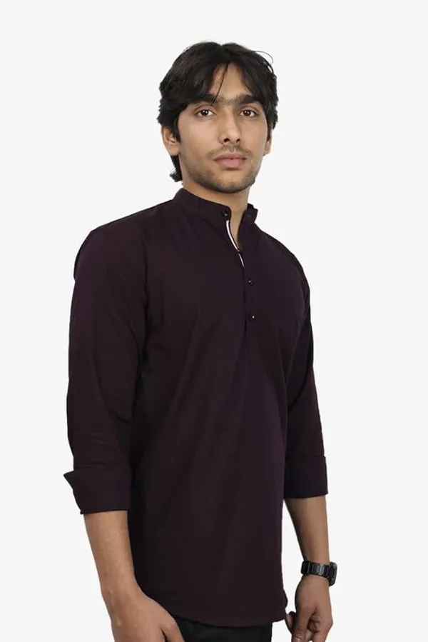 Wine_Cotton_Blend_Slim_Fit_Short_Kurta_Solid_Linen_Kurta_Mandarin_Collar_Full_Sleeve_For_Men