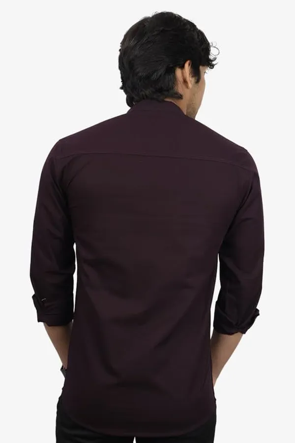 Wine_Cotton_Blend_Slim_Fit_Short_Kurta_Solid_Linen_Kurta_Mandarin_Collar_Full_Sleeve_For_Men