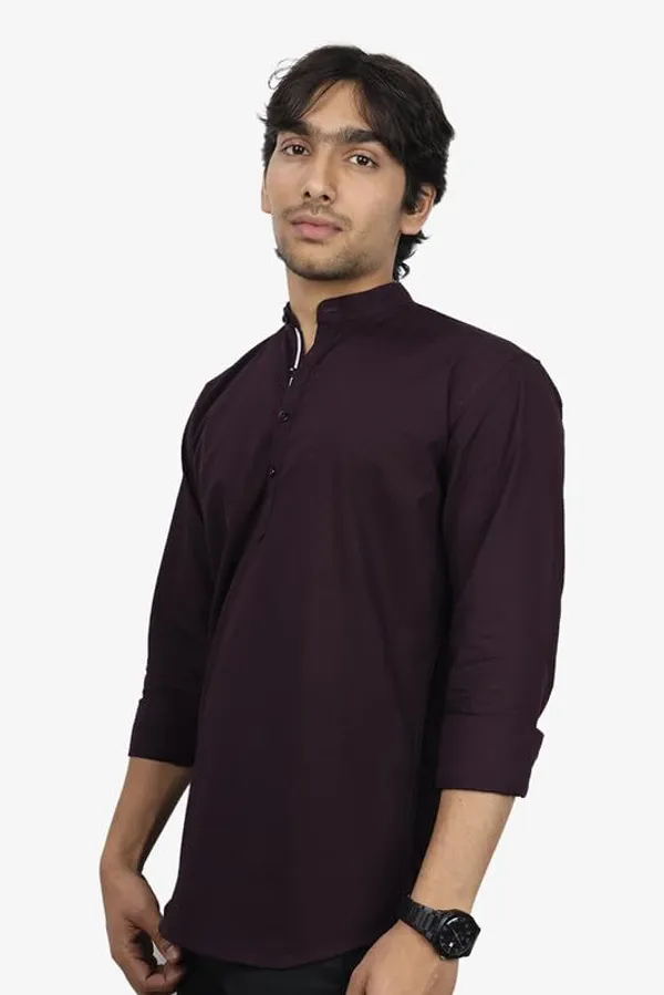 Wine_Cotton_Blend_Slim_Fit_Short_Kurta_Solid_Linen_Kurta_Mandarin_Collar_Full_Sleeve_For_Men
