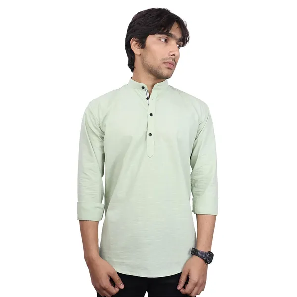 Bottle_Green_Cotton_Blend_Slim_Fit_Short_Kurta_Solid_Linen_Kurta_Mandarin_Collar_Full_Sleeve_For_Men
