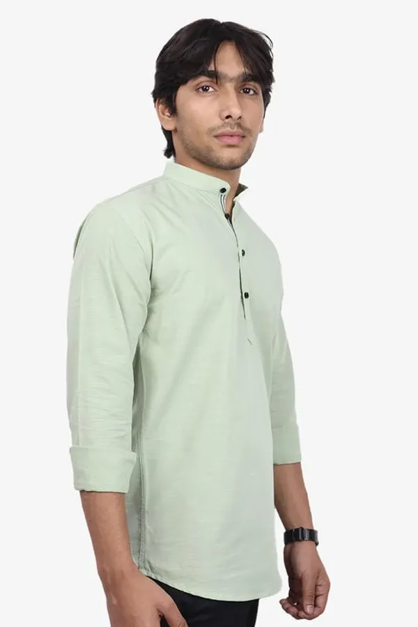 Bottle_Green_Cotton_Blend_Slim_Fit_Short_Kurta_Solid_Linen_Kurta_Mandarin_Collar_Full_Sleeve_For_Men