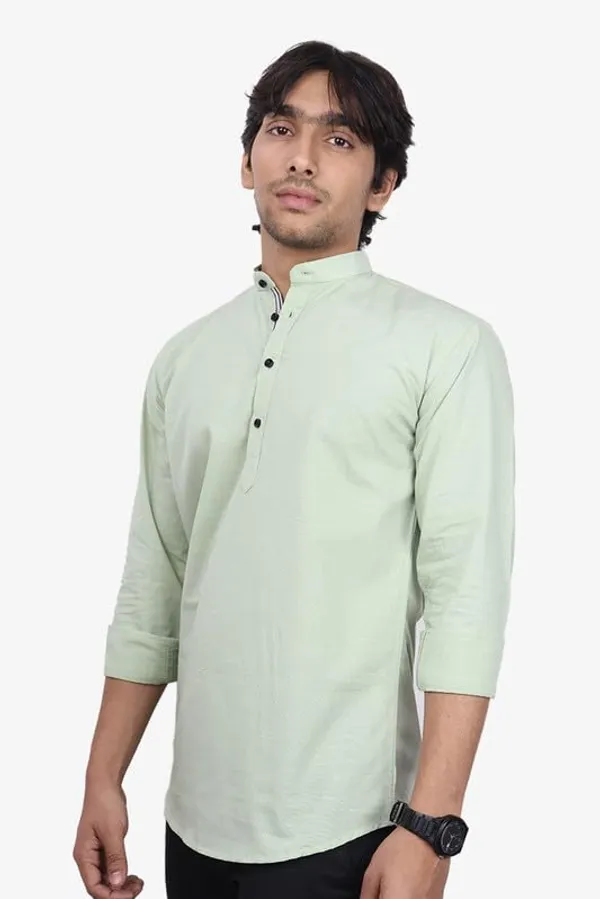 Bottle_Green_Cotton_Blend_Slim_Fit_Short_Kurta_Solid_Linen_Kurta_Mandarin_Collar_Full_Sleeve_For_Men