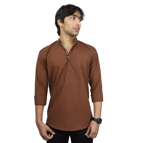 Brown_Cotton_Blend_Slim_Fit_Short_Kurta_Solid_Linen_Kurta_Mandarin_Collar_Full_Sleeve_For_Men