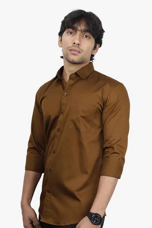 Brown_Cotton_Blend_Slim_Fit_Casual_Shirt_Solid_Satin_Full_Sleeve_For_Men