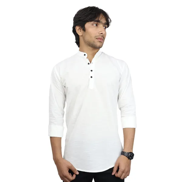 White_Cotton_Blend_Slim_Fit_Short_Kurta_Solid_Linen_Kurta_Mandarin_Collar_Full_Sleeve_For_Men