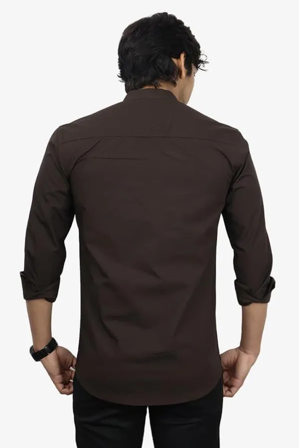 Dark_Brown_Cotton_Blend_Slim_Fit_Short_Kurta_Solid_Linen_Kurta_Mandarin_Collar_Full_Sleeve_For_Men