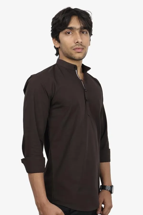 Dark_Brown_Cotton_Blend_Slim_Fit_Short_Kurta_Solid_Linen_Kurta_Mandarin_Collar_Full_Sleeve_For_Men