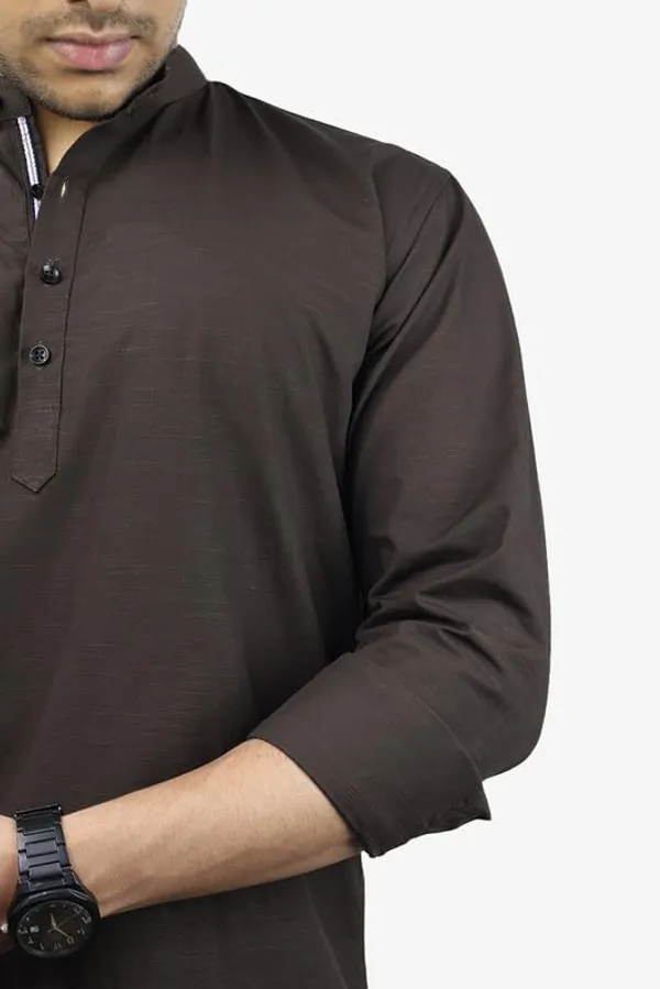 Dark_Brown_Cotton_Blend_Slim_Fit_Short_Kurta_Solid_Linen_Kurta_Mandarin_Collar_Full_Sleeve_For_Men