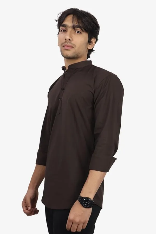 Dark_Brown_Cotton_Blend_Slim_Fit_Short_Kurta_Solid_Linen_Kurta_Mandarin_Collar_Full_Sleeve_For_Men