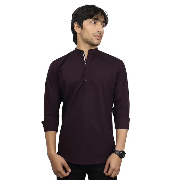 Wine_Cotton_Blend_Slim_Fit_Short_Kurta_Solid_Linen_Kurta_Mandarin_Collar_Full_Sleeve_For_Men
