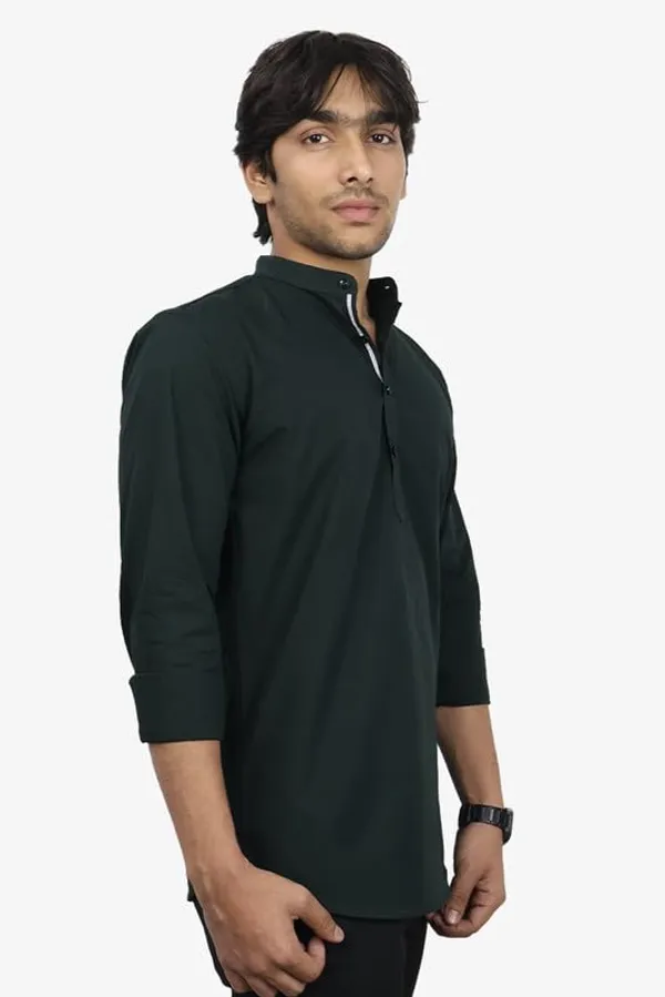 Mehandi_Green_Cotton_Blend_Slim_Fit_Short_Kurta_Solid_Linen_Kurta_Mandarin_Collar_Full_Sleeve_For_Men