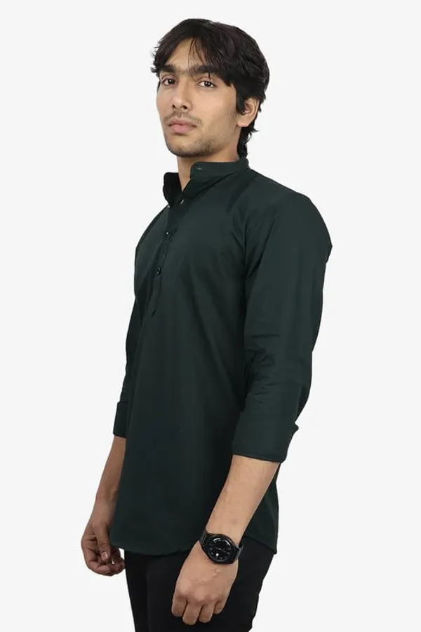 Mehandi_Green_Cotton_Blend_Slim_Fit_Short_Kurta_Solid_Linen_Kurta_Mandarin_Collar_Full_Sleeve_For_Men