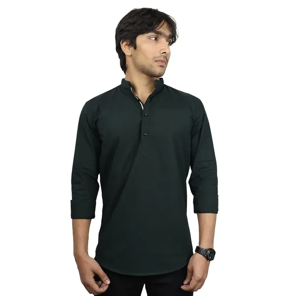 Mehandi_Green_Cotton_Blend_Slim_Fit_Short_Kurta_Solid_Linen_Kurta_Mandarin_Collar_Full_Sleeve_For_Men