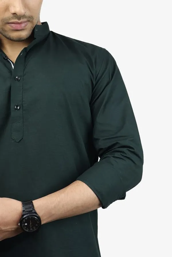 Mehandi_Green_Cotton_Blend_Slim_Fit_Short_Kurta_Solid_Linen_Kurta_Mandarin_Collar_Full_Sleeve_For_Men