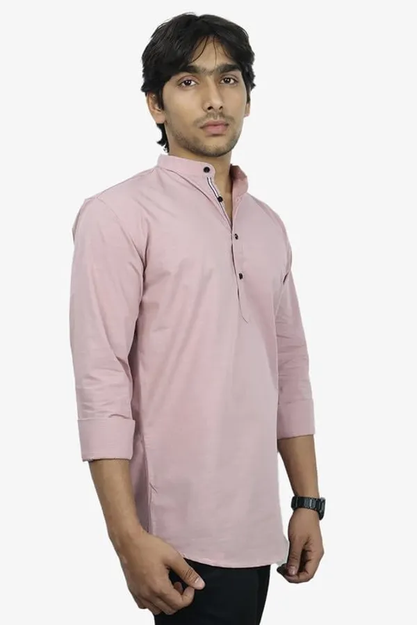 Peach_Cotton_Blend_Slim_Fit_Short_Kurta_Solid_Linen_Kurta_Mandarin_Collar_Full_Sleeve_For_Men