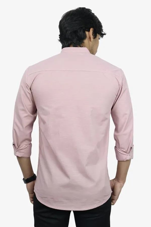 Peach_Cotton_Blend_Slim_Fit_Short_Kurta_Solid_Linen_Kurta_Mandarin_Collar_Full_Sleeve_For_Men