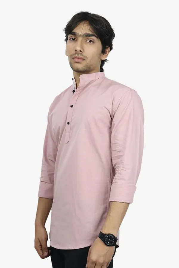 Peach_Cotton_Blend_Slim_Fit_Short_Kurta_Solid_Linen_Kurta_Mandarin_Collar_Full_Sleeve_For_Men