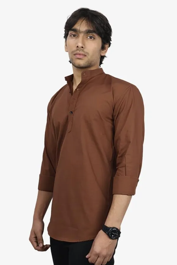 Brown_Cotton_Blend_Slim_Fit_Short_Kurta_Solid_Linen_Kurta_Mandarin_Collar_Full_Sleeve_For_Men