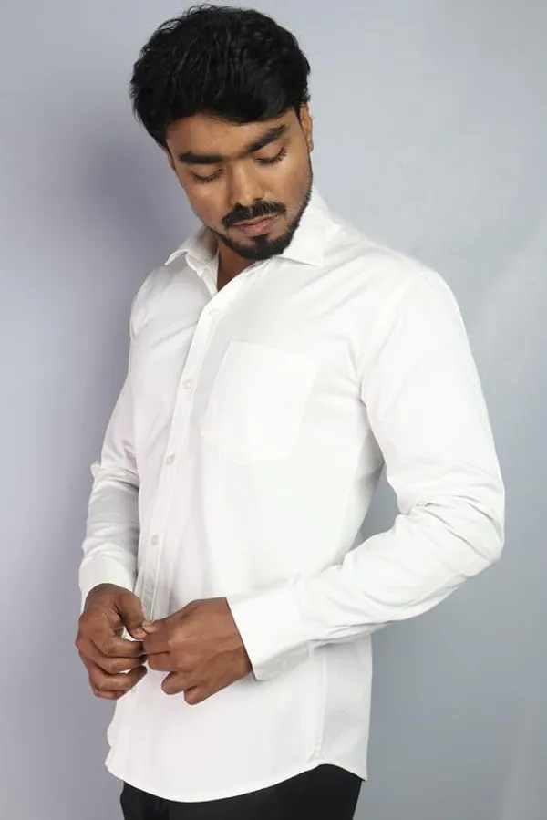 White_Cotton_Blend_Slim_Fit_Casual_Shirt_Solid_Twill_Full_Sleeve_For_Men