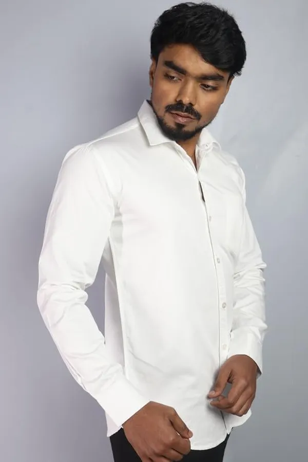 White_Cotton_Blend_Slim_Fit_Casual_Shirt_Solid_Twill_Full_Sleeve_For_Men