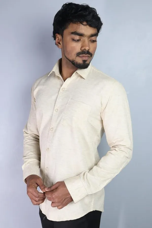 Cream_Cotton_Blend_Slim_Fit_Casual_Shirt_Solid_Khadi_Full_Sleeve_For_Men
