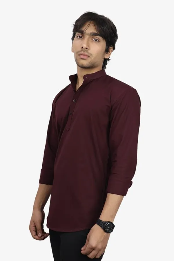 Maroon_Cotton_Blend_Slim_Fit_Short_Kurta_Solid_Linen_Kurta_Mandarin_Collar_Full_Sleeve_For_Men