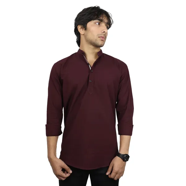 Maroon_Cotton_Blend_Slim_Fit_Short_Kurta_Solid_Linen_Kurta_Mandarin_Collar_Full_Sleeve_For_Men