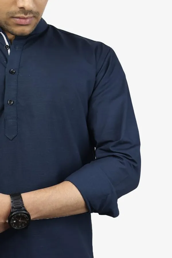 Navy_Blue_Cotton_Blend_Slim_Fit_Short_Kurta_Solid_Linen_Kurta_Mandarin_Collar_Full_Sleeve_For_Men