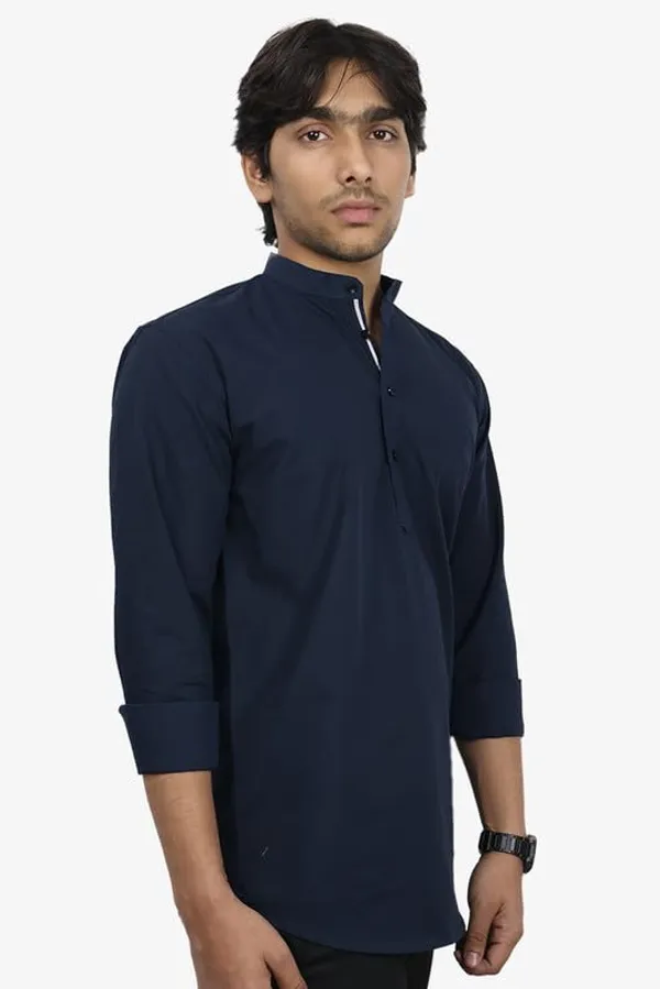 Navy_Blue_Cotton_Blend_Slim_Fit_Short_Kurta_Solid_Linen_Kurta_Mandarin_Collar_Full_Sleeve_For_Men