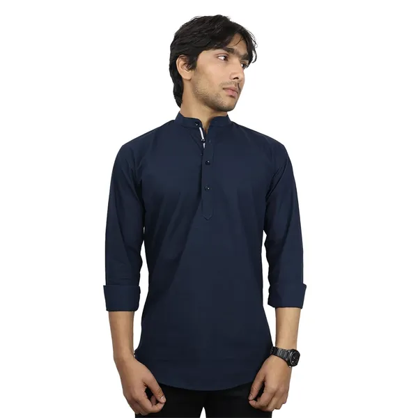 Navy_Blue_Cotton_Blend_Slim_Fit_Short_Kurta_Solid_Linen_Kurta_Mandarin_Collar_Full_Sleeve_For_Men