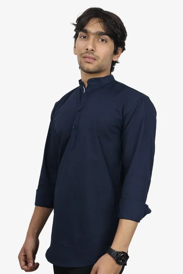 Navy_Blue_Cotton_Blend_Slim_Fit_Short_Kurta_Solid_Linen_Kurta_Mandarin_Collar_Full_Sleeve_For_Men