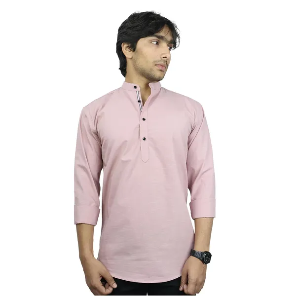 Peach_Cotton_Blend_Slim_Fit_Short_Kurta_Solid_Linen_Kurta_Mandarin_Collar_Full_Sleeve_For_Men
