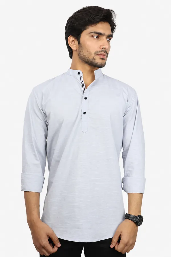 Grey_Cotton_Blend_Slim_Fit_Short_Kurta_Solid_Linen_Kurta_Mandarin_Collar_Full_Sleeve_For_Men