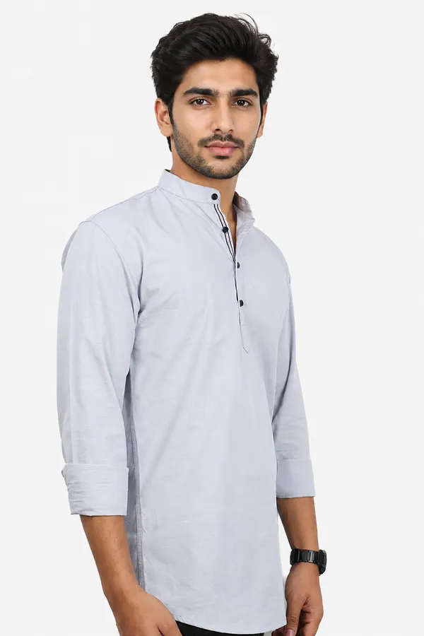 Grey_Cotton_Blend_Slim_Fit_Short_Kurta_Solid_Linen_Kurta_Mandarin_Collar_Full_Sleeve_For_Men
