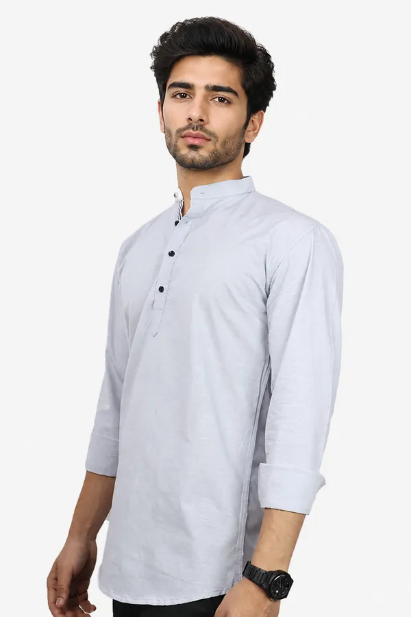 Grey_Cotton_Blend_Slim_Fit_Short_Kurta_Solid_Linen_Kurta_Mandarin_Collar_Full_Sleeve_For_Men