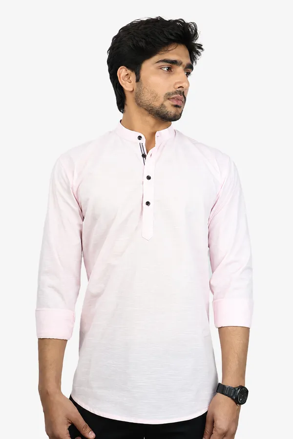 Pink_Cotton_Blend_Slim_Fit_Short_Kurta_Solid_Linen_Kurta_Mandarin_Collar_Full_Sleeve_For_Men
