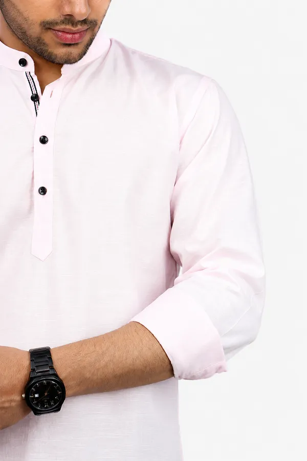 Pink_Cotton_Blend_Slim_Fit_Short_Kurta_Solid_Linen_Kurta_Mandarin_Collar_Full_Sleeve_For_Men