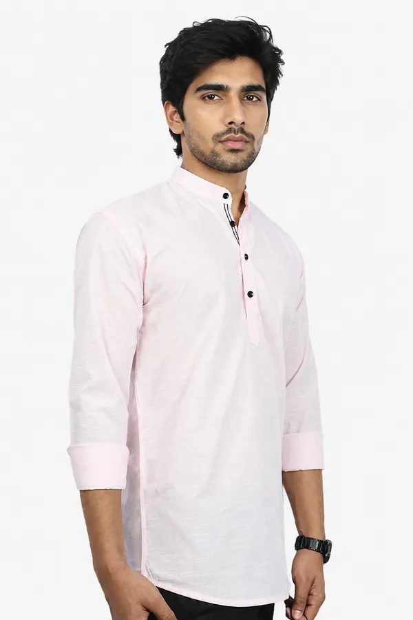 Pink_Cotton_Blend_Slim_Fit_Short_Kurta_Solid_Linen_Kurta_Mandarin_Collar_Full_Sleeve_For_Men