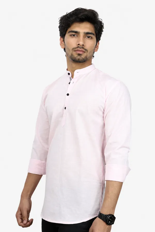 Pink_Cotton_Blend_Slim_Fit_Short_Kurta_Solid_Linen_Kurta_Mandarin_Collar_Full_Sleeve_For_Men
