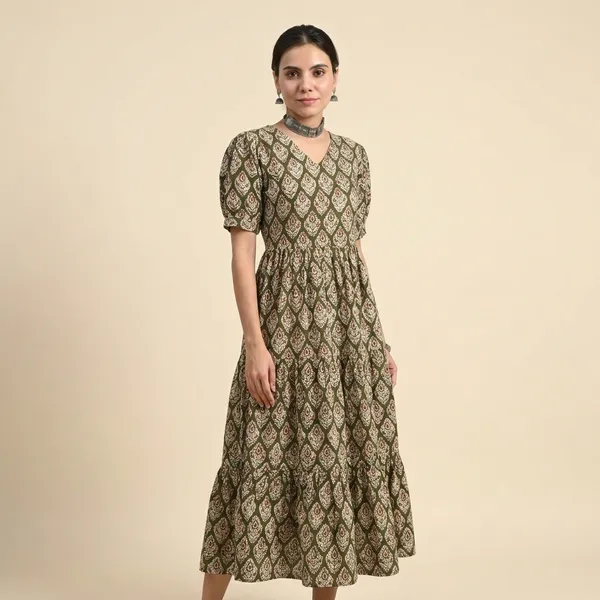 Green_Floral_Printed_Cotton_Anarkali_Maxi_Dress_With_Puff_Sleeves_Elegant_Casual_Wear