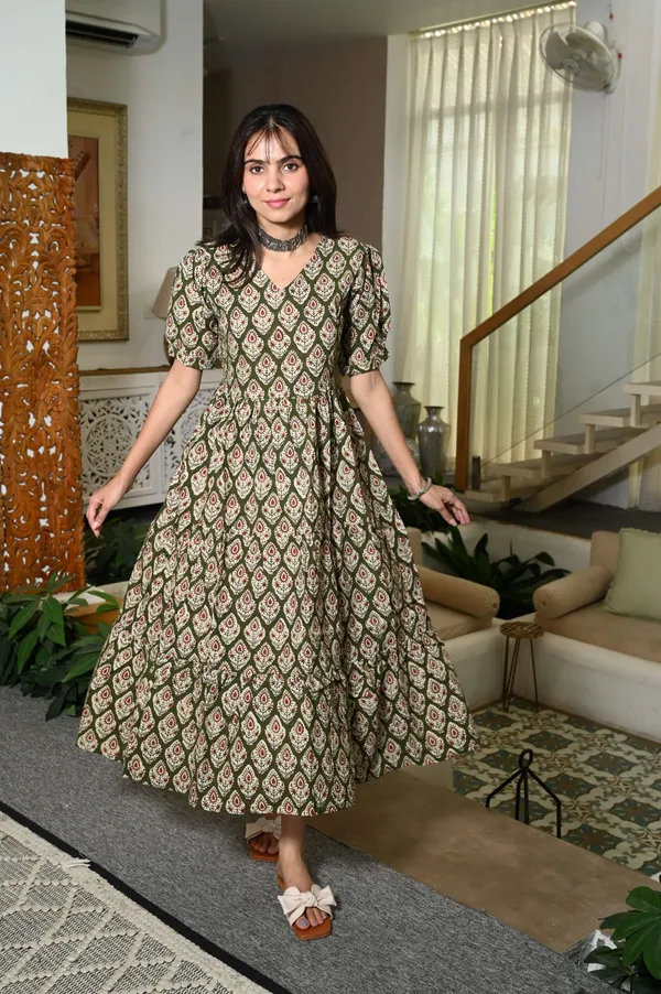 Green_Floral_Printed_Cotton_Anarkali_Maxi_Dress_With_Puff_Sleeves_Elegant_Casual_Wear
