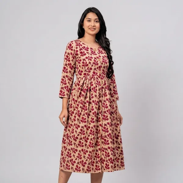 Beige_And_Red_Floral_Printed_Cotton_A_Line_Dress_With_Button_Down_Front