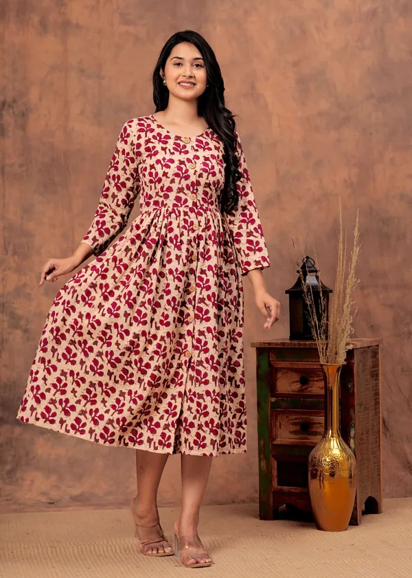 Beige_And_Red_Floral_Printed_Cotton_A_Line_Dress_With_Button_Down_Front