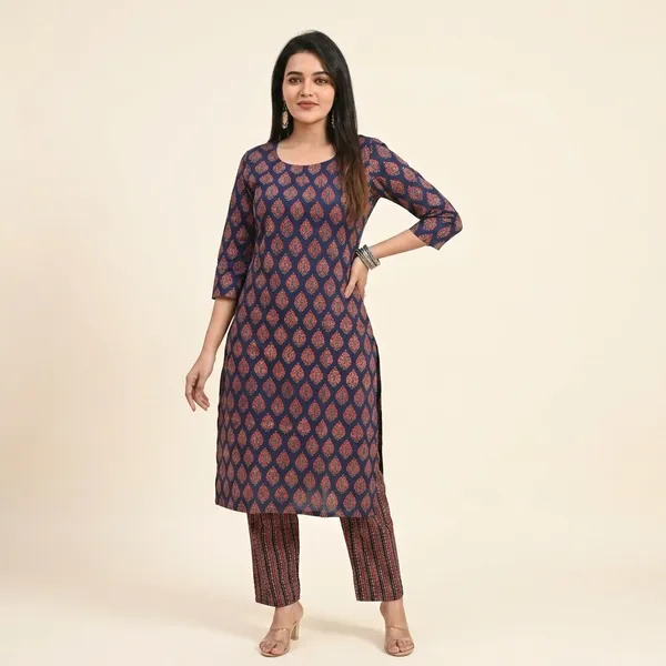 Navy_Blue_Cotton_Kurta_Set_For_Women_Red_Block_Print_With_Striped_Pants