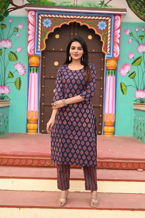 Navy_Blue_Cotton_Kurta_Set_For_Women_Red_Block_Print_With_Striped_Pants